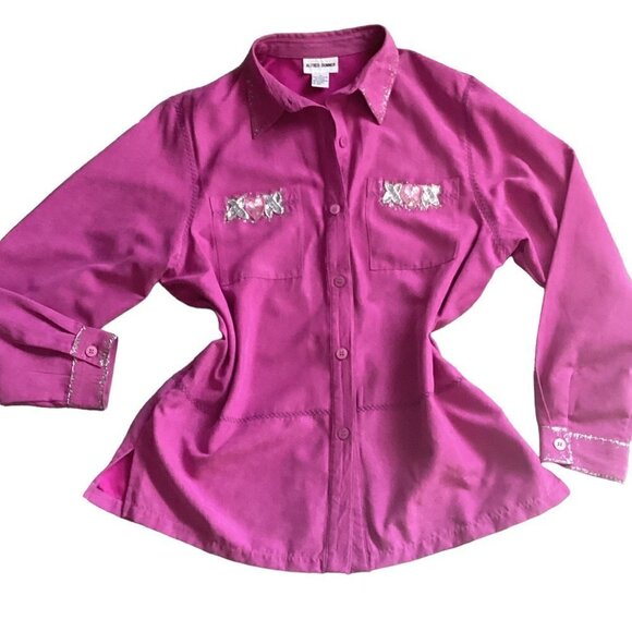 Alfred Dunner 14 Fuchsia Pink FauxSuede Button Up Top Sequin Beaded Glitter 180B - Picture 1 of 10